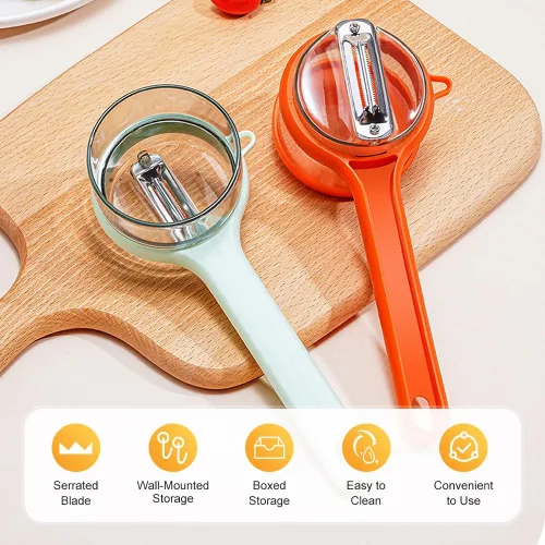 Vista 2 de Cuchillo pelador con caja de almacenamiento, pelador de verduras con contenedor, pelador de verduras multifunción de cocina para niños y adultos