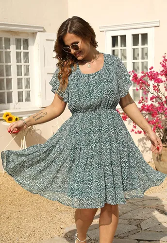 Vista 3 de Nemidor NEM297 - Vestido casual de verano con estampado, de gasa para mujer, talla extragrande, con manga con volantes, por debajo de la rodilla