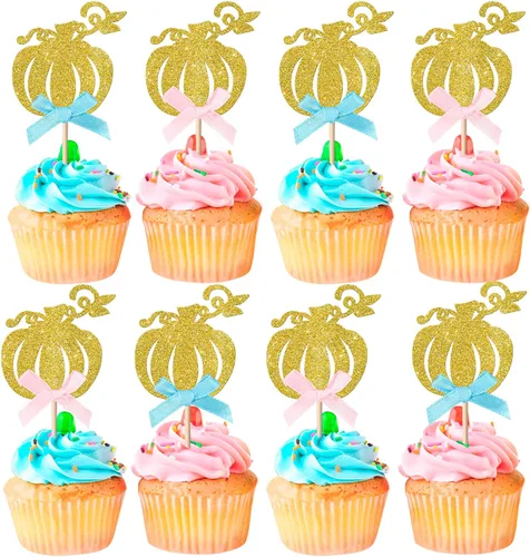 Vista 22 de Paquete de 24 adornos para cupcakes de calabaza con purpurina para cupcakes de calabaza para Acción de Gracias, baby shower, decoración de cupcakes