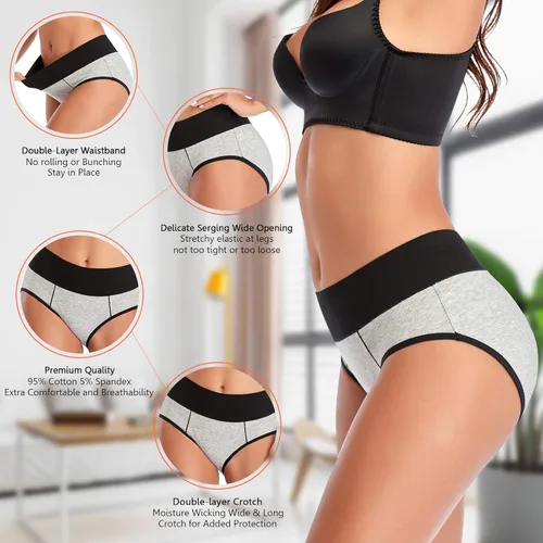Vista 5 de Eiggam Ropa interior para mujer, de algodón, de cintura alta, cobertura completa, suave, elástico, transpirable, paquete múltiple