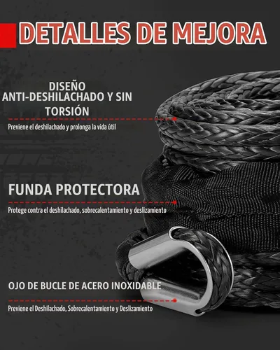 Vista 4 de FieryRed Cuerda de Cabrestante Sintética de 3/8 Pulgada 85 Pies 26500 Libras Cable de Línea de Cabrestante con Funda Protectora para Vehículos Negro