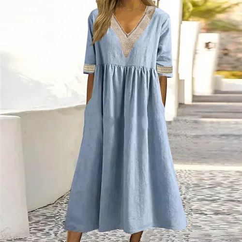Vista 2 de NaRHbrg Vestido de verano para mujer, casual, estampado floral, vestido midi con botones, cuello en V, manga corta, vestido de verano bohemio