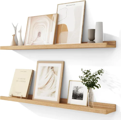Vista 21 de FLYJOE Estante de repisa de fotos para pared, 24 pulgadas de madera de fresno maciza, estantes para libros de guardería, estantes flotantes