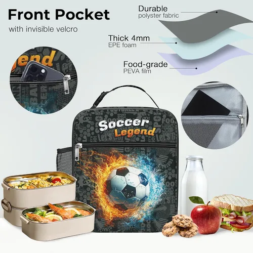 Vista 5 de Clastyle Bolsa de almuerzo con aislamiento 3D para niños, bolsa térmica grande para niños, picnic, escuela, lonchera tote, fútbol de fuego