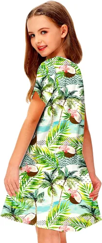 Vista 7 de Deerose Kids Summer Short Sleeve Dresses Hawaiian Tshirt Sundress 3-14 Years Coconut trees