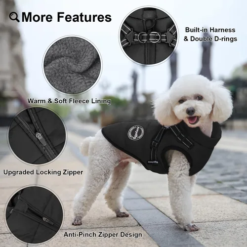 Vista 3 de Abrigo de invierno para perro, chaqueta cálida para perro, chaleco reflectante ajustable de vellón con arnés integrado, chaqueta de nieve