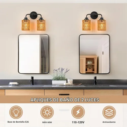 Vista 2 de Lámparas de baño bohemias, luces rústicas de tocador de 2 luces