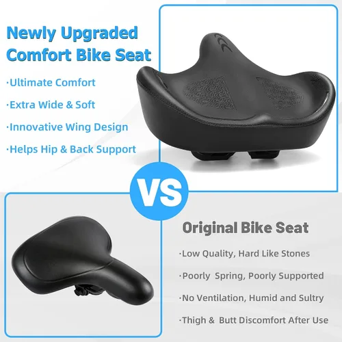 Vista 5 de CDYWD Asiento de bicicleta de gran tamaño para hombres y mujeres, cojín de asiento de bicicleta extra ancho, cómodo acolchado de ala, sillín