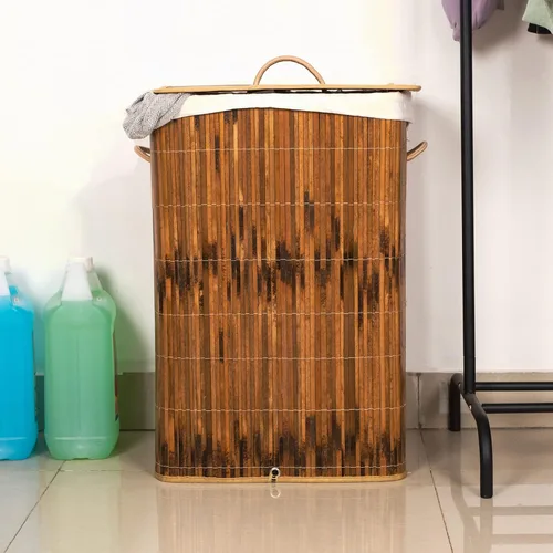 Vista 2 de Cesto rectangular de bambú plegable impermeable con tapa y asas para organizador, ropa, juguetes duraderos contenedor de lavado para fácil transporte