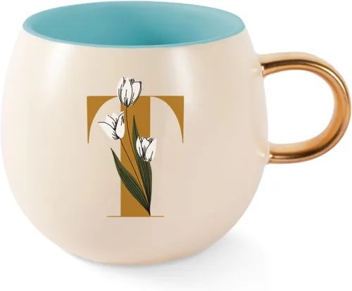 Vista 27 de Fringe Studio Taza Redonda de Gres, Monograma Floral Letra "E" 3.38" DIA. X 3.5"H, 14 fl.oz., con Asa Dorada Pintada a Mano (428047)