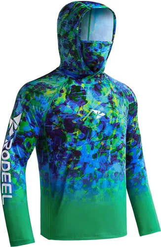 Vista 23 de Rodeel - Camisa de pesca para hombre con manga larga, UPF 50+, rendimiento de alto rendimiento para senderismo, con máscara, protección UV