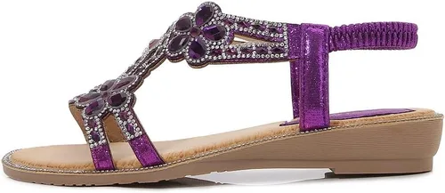 Vista 3 de Sandalias planas para mujer con tiras en T, cuentas de diamantes de imitación y flores de diamantes de imitación, sandalias para llevar con vestido