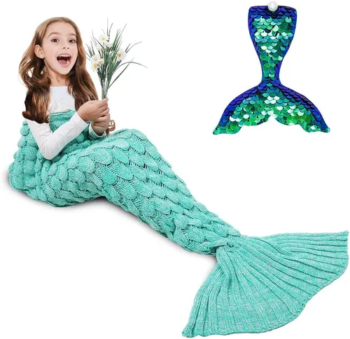 Vista 19 de AmyHomie Manta de cola de sirena, manta suave para niños, saco de dormir de sirena de ganchillo, regalo de sirena para niñas