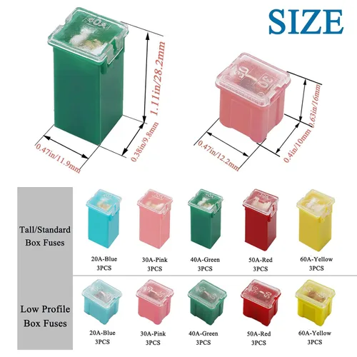 Vista 2 de Taiss - Juego de 30 fusibles en forma de caja, fusibles automotrices de perfil alto/estándar y bajo, fusibles automotrices de 20 A, 30 A, 40 A, 50