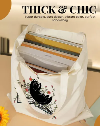 Vista 5 de AUSVKAI Bolsa de lona estética para mujer, lindas bolsas de algodón reutilizables de tela para compras, playa, comestibles, Libro de flores de gato