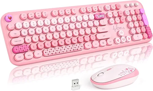 Vista 29 de MOFII Combo de teclado y mouse inalámbricos, teclado retro de máquina de escribir de 2.4 GHz, tamaño completo, lindos ratones inalámbricos, dongle