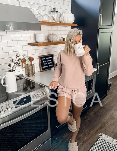 Vista 6 de ZESICA Women's Waffle Knit Long Sleeve Top and Shorts Pullover Nightwear Lounge Pajama Set with Pockets