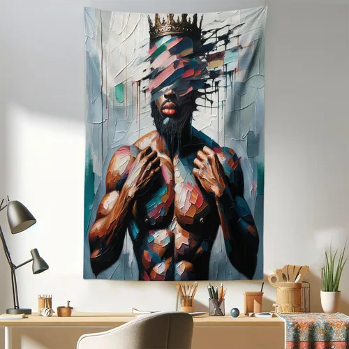 Vista 218 de Ambesonne Tapiz de arte afro, hombre negro fuerte con una corona de trazos impresión de pintura moderna, decoración de tela para colgar en la pared