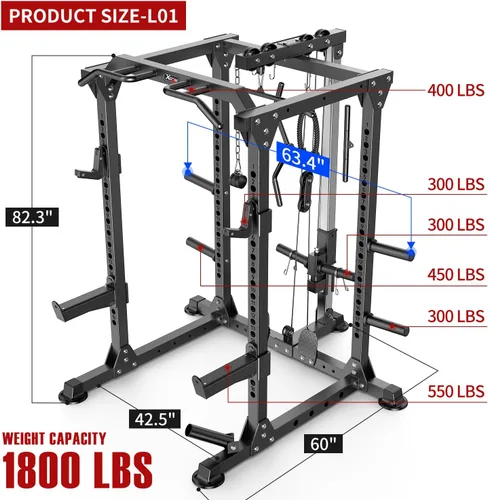 Vista 3 de Power Cage - Rack de Potencia Multifunción con Sistema de Cruce de Cables, Rack para Sentadillas de Capacidad de 1800 LBS con Banco de Pesas