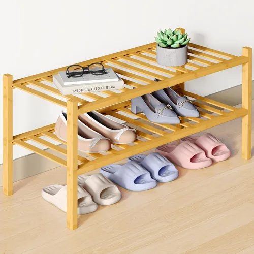 Vista 48 de Smiry Zapatero de bambú para armario, organizador de zapatos de madera de 3 niveles, estante apilable de almacenamiento de zapatos de madera