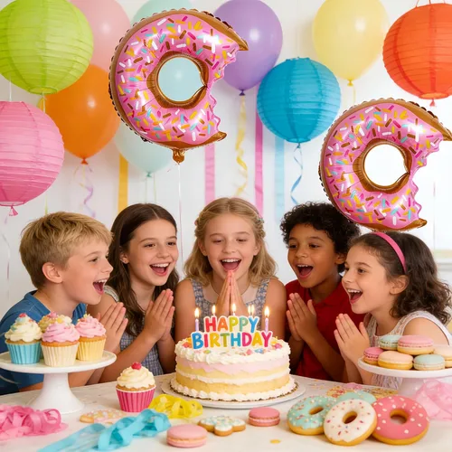 Vista 5 de 10 globos rosados de dona para cumpleaños con temática de donas, suministros de fiesta de boda