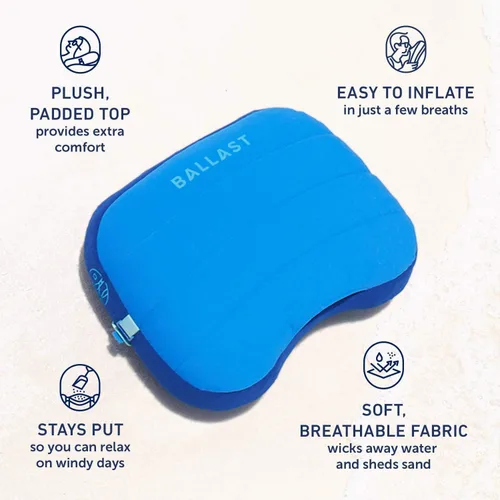 Vista 5 de Ballast Almohada de playa, cómoda, duradera y compacta, se mantiene en playas ventosas con bolsa de arena patentada, almohada inflable para playas