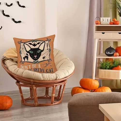 Vista 4 de Fundas de almohada de Halloween de 20 x 20 pulgadas, color naranja y negro, para Halloween, gatos aterradores, telaraña, murciélagos, decoración