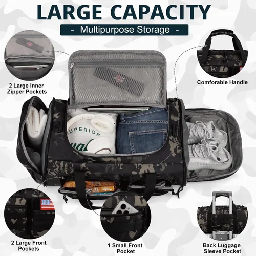 Vista 3 de Bolsa táctica de gimnasio para hombres, 50L grande 3 en 1 bolsa deportiva con compartimento para zapatos para viajes, mochila de viaje resistente al