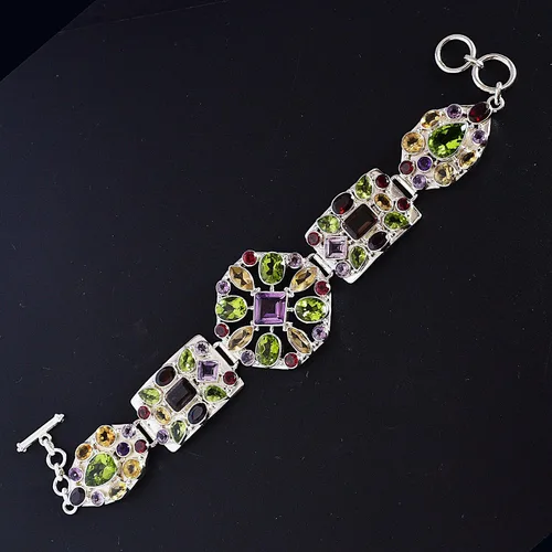 Vista 2 de Pulsera de plata de ley 925 con piedra preciosa de cuarzo ahumado y amatista de peridoto y citrino, hermosa joyería hecha a mano, regalo