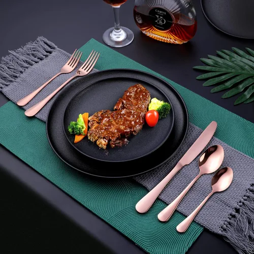 Vista 7 de OGORI - Juego de cubiertos de acero inoxidable de 40 piezas de cobre y oro rosa, juego de utensilios de cocina para 8, vajilla pulida con espejo
