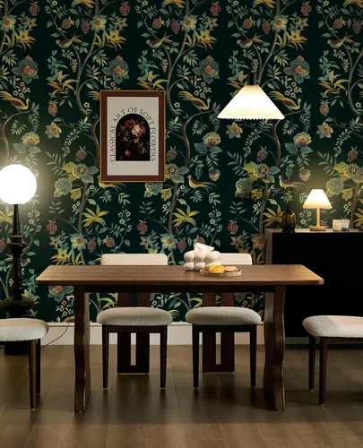 Vista 6 de Toduso Papel tapiz para despegar y pegar, papel tapiz floral vintage, papel de contacto con flores verdes, pájaros, árbol, papel de contacto
