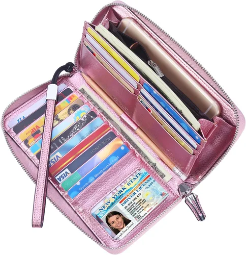 Vista 81 de Lavemi Pequeña cartera compacta para mujer, con bloqueo RFID, de piel auténtica, plegable, con ventanas de identificación