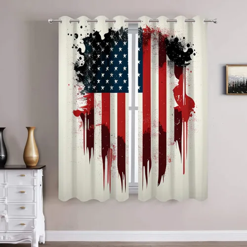 Vista 12 de Batmerry American Flag Ink Dot Blackout Tier Curtains, Red Blue White Stars Abstract Thermal Insulated Half Curtain Rod Pocket Small Valance for