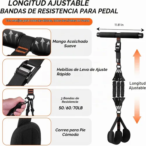 Vista 2 de Adjustable Length Pedal Resistance Band with Handle for Working Out, Replaceable 180Lbs Exercise Bands with Foot Pedals, Home Gym Workout Equipment