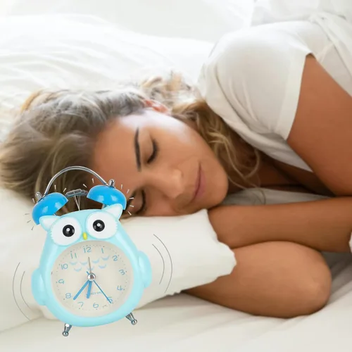 Vista 5 de Reloj despertador para niños, diseño de búho de dibujos animados, timbre fuerte, despertador, sin tictac, reloj de escritorio con luz nocturna
