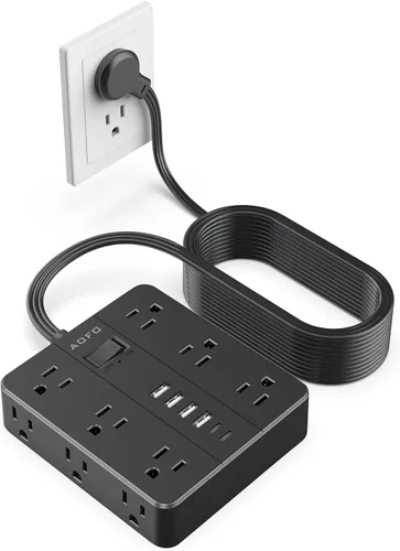 Vista 9 de Regleta de Enchufe Plano, AOFO Cable de Extensión de 5 Pies con 12 Tomacorrientes y 6 Puertos USB (4 USB-A, 2 USB-C), Protector contra