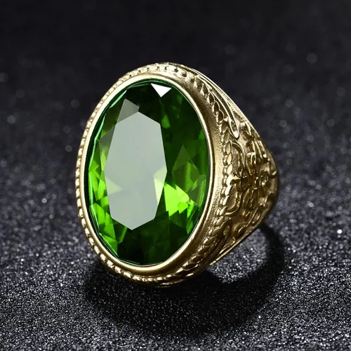 Vista 2 de MASOP Joyería de lujo ovalada piedra verde alta calidad acero inoxidable hombres anillos simulados esmeralda tamaño 8-12
