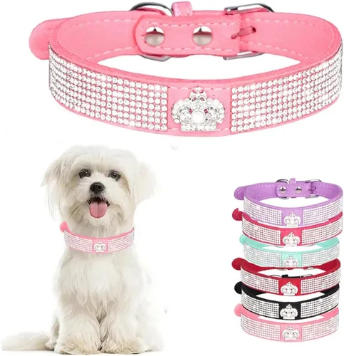Vista 19 de Collar de perro con diamantes de imitación y lazo ajustable para mascotas, talla XXS, XS, tamaño pequeño, mediano y grande, color rosa, talla XX S