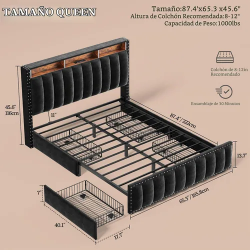 Vista 2 de YITAHOME Queen Size Bed Frame with 4 Storage Drawers and RGB LED Lights Negro
