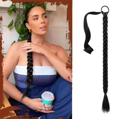 Vista 33 de SOFEIYAN Extensión de cola de caballo trenzada larga con banda elástica y mechón liso envolvente, extensiones de cabello naturales suaves