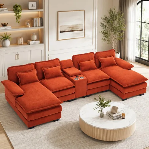 Vista 19 de Sofá modular en forma de U de 132 pulgadas, sofá modular para sala de estar, sofá moderno de pana de felpa de gran tamaño con consola central Negro