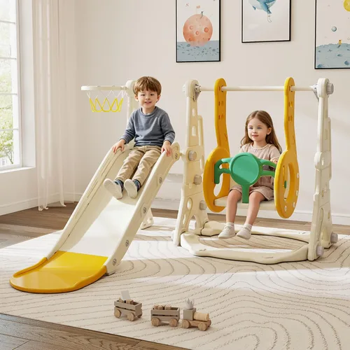 Vista 9 de DOREROOM Tobogán, columpio y tobogán para niños pequeños de 1 a 2 años con aro de baloncesto, telescopio para interiores y exteriores, parque