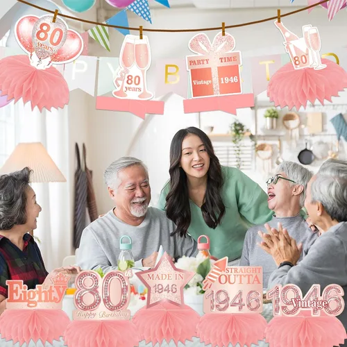 Vista 7 de Centros de mesa de nido de abeja de oro rosa de 80 años, globos de decoración temática, decoración de mesa para niñas y mujeres, dulce princesa