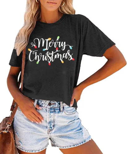Vista 2 de Camisetas navideñas para mujer Let's Get Lit, camisa con lindo diseño gráfico de luces, manga corta, tops y camisetas de Navidad Gris-Carbón