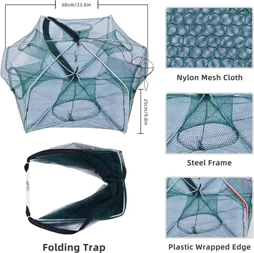 Vista 2 de 3 Pcs Foldable Fishing Net Accessories for Crab Crayfish Shrimp:Fishing Landing Net with Telescoping Pole Handle, Collapsible Crab Trap Hexagon and