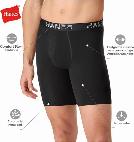 Vista 4 de Hanes Ropa Interior para Hombres, Calzoncillos Tipo Bóxer de Algodón Elástico para Hombres, Absorbe la Humedad, Paquete Múltiple Negro
