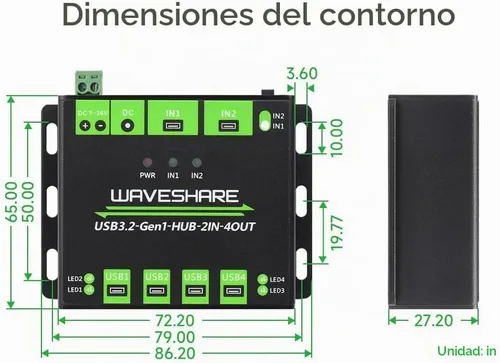 Vista 7 de Waveshare HUB USB de grado industrial, extendiendo 4 puertos USB 3.2, hosts duales conmutables, múltiples protecciones