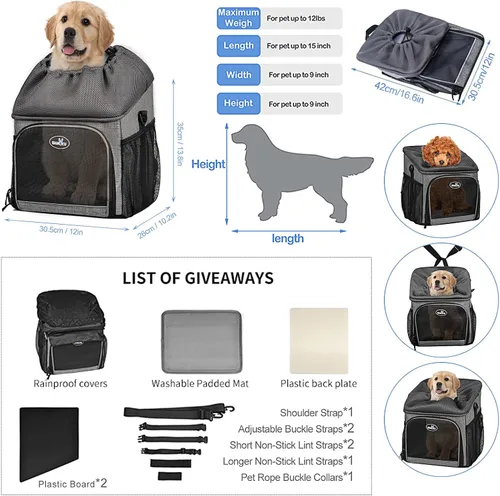 Vista 2 de Lixada Cesta de bicicleta para perros plegable y extraíble de 12 x 10.2 x 13.8 pulgadas con cubierta impermeable, mochila multifuncional para perros