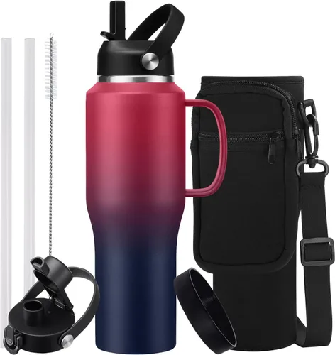 Vista 30 de Botella de agua de acero inoxidable de 32 onzas, frío-48 horas y caliente-24 horas, termo con popote y tapas de boquilla, bolsa, botella aislada al