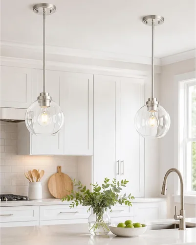 Vista 23 de Luces Colgantes para Isla de Cocina, 7" Luminarias Colgantes Negras y Doradas con Pantalla de Globo de Vidrio Transparente, Iluminación Moderna